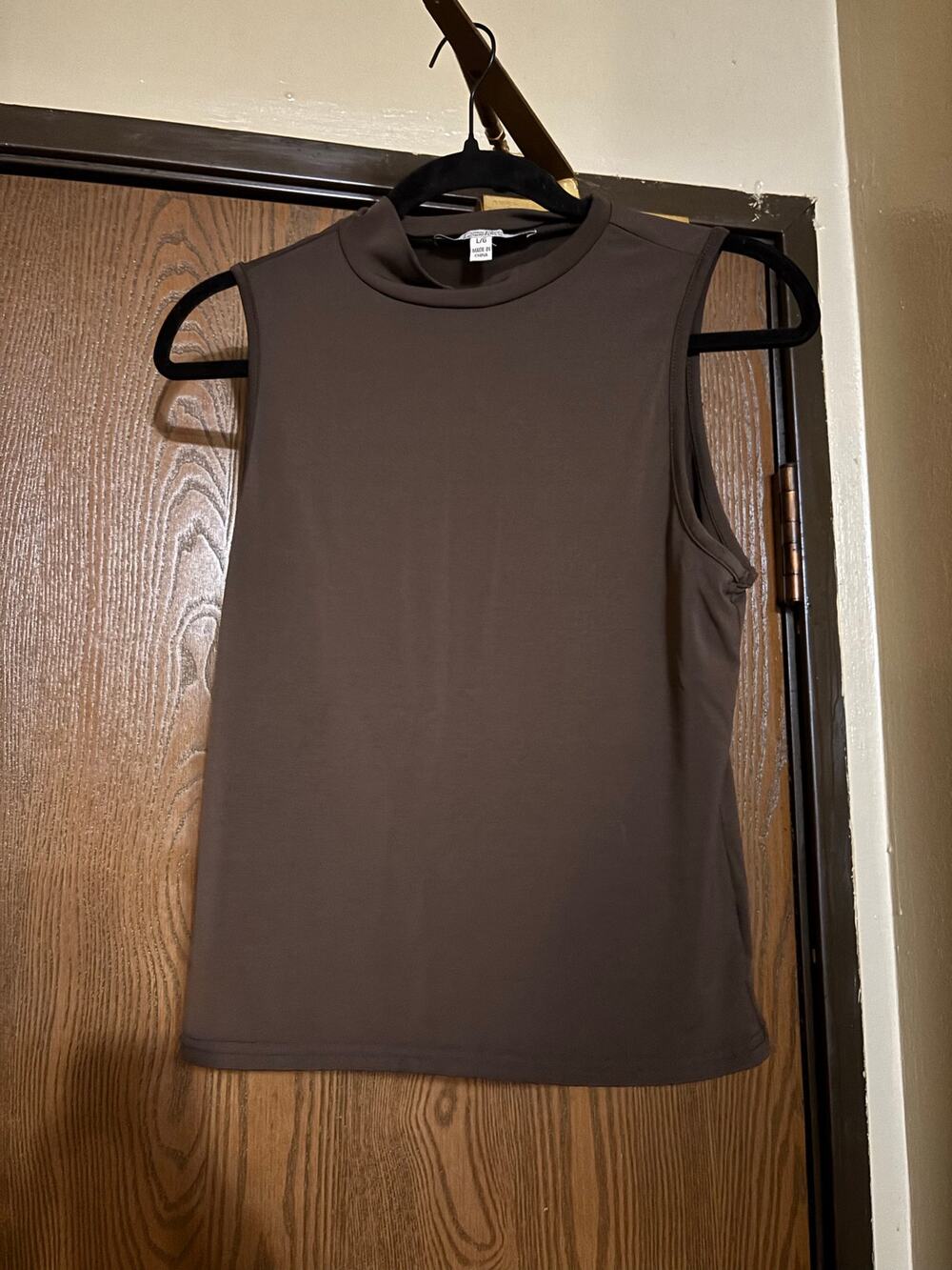 Brown Sleeveless Fall Preppy Professional Mock Neck Shirt